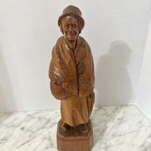 1950's Paul E Caron Hand Carved Wood Man with Basket Signed Sculpture 10"
